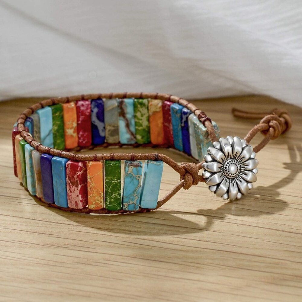 7 Chakra Leather Wrap Bracelet for Women & Men - Healing Stones Bead Jewelry - Picture 4 of 7